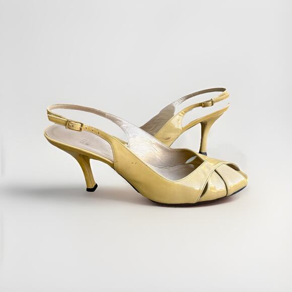 Stuart Weitzman 8.5 Butter Yellow Slingback Kitten Heel Pump Peep Toe Cross - Picture 2 of 9